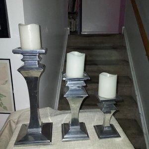 Lenox Candle Holders (3) Stainless Steel w/battery candles